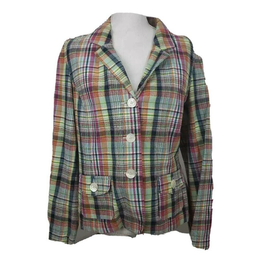 Talbots Women Suit Jacket Green Blue Plaid  14P